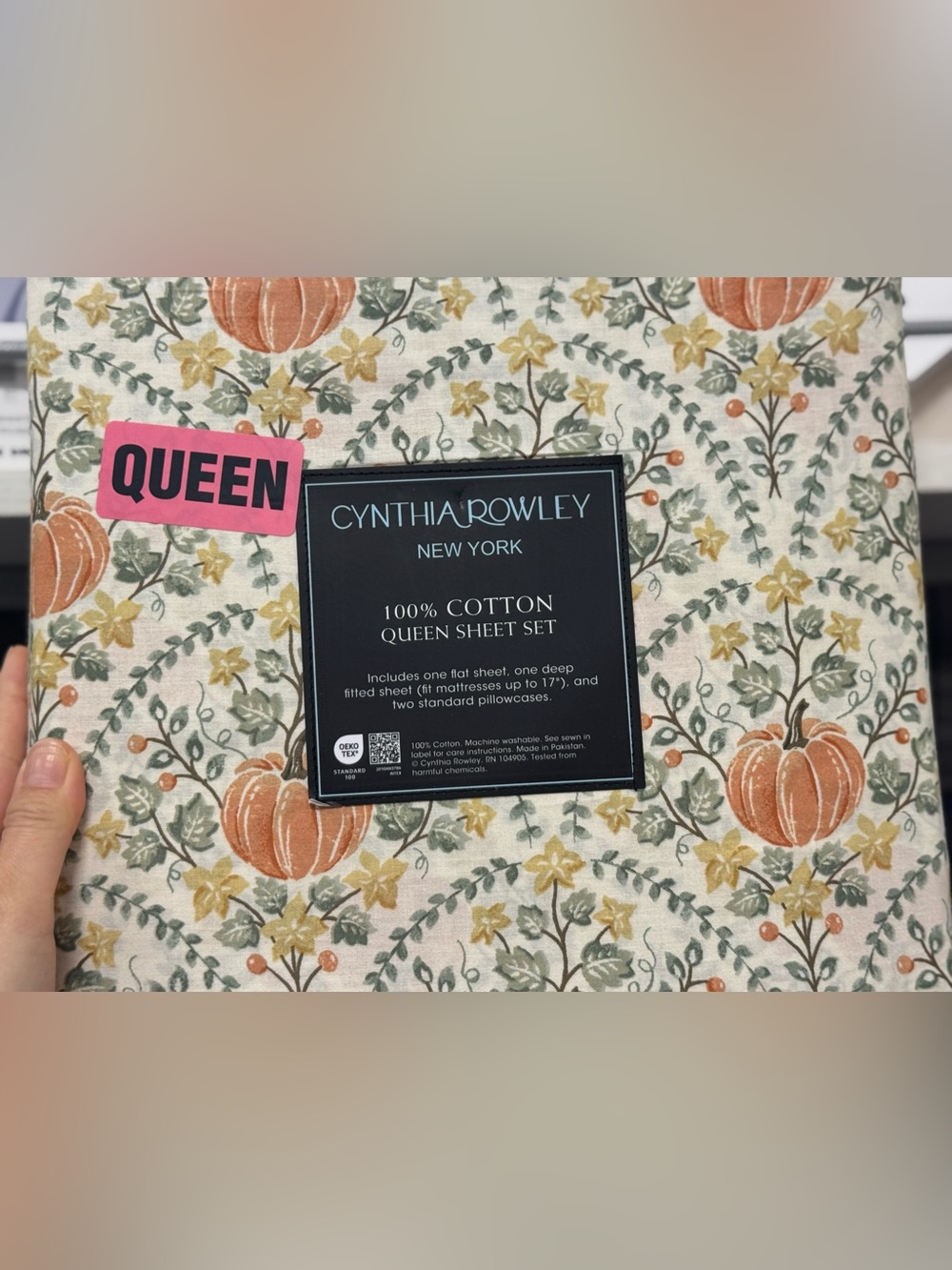 Cynthia Rowley Pumpkin & Vine Cotton Queen Sheet Set in Cream and Orange